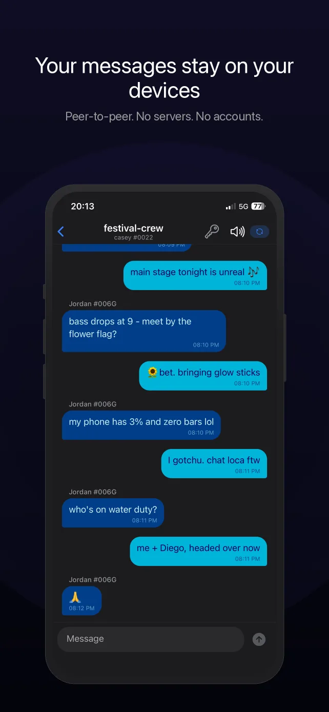 Chat Local conversation screen — encrypted group chat over Bluetooth mesh, no internet
