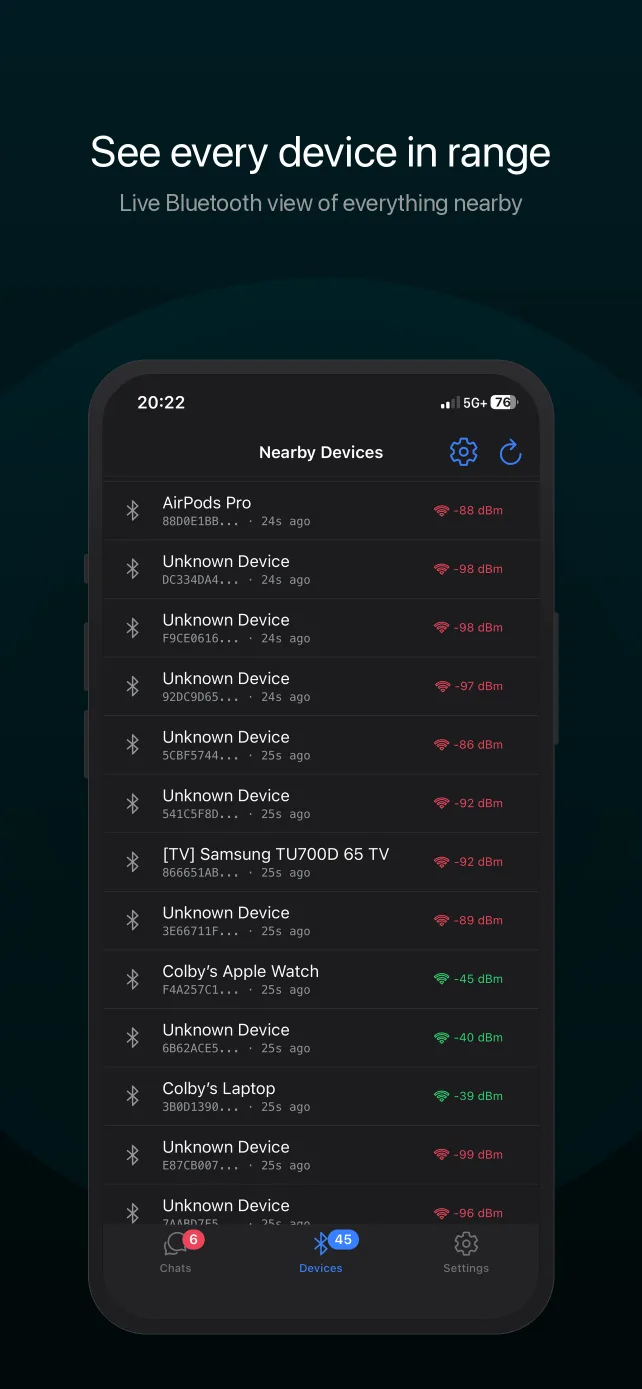 Live Bluetooth device view listing every device in range
