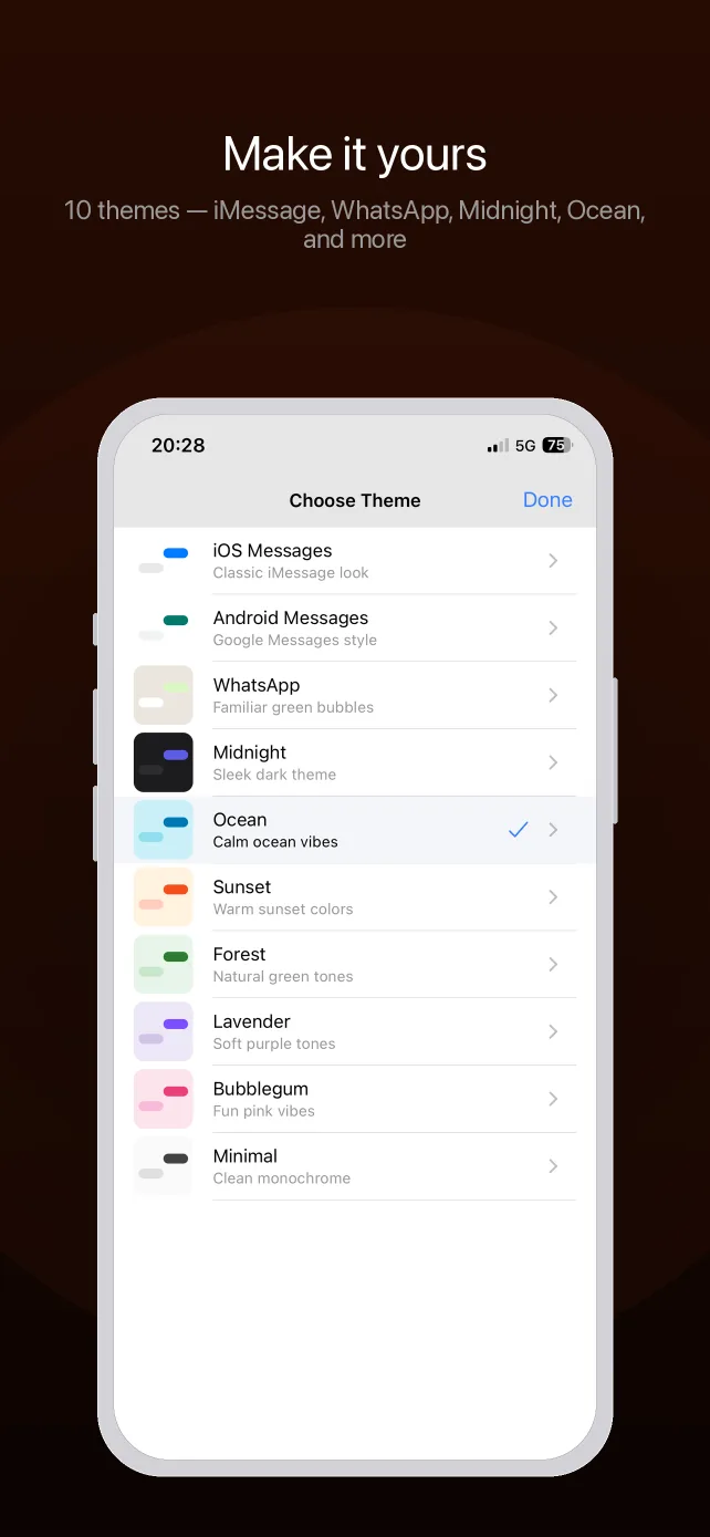Theme picker with 10 chat themes