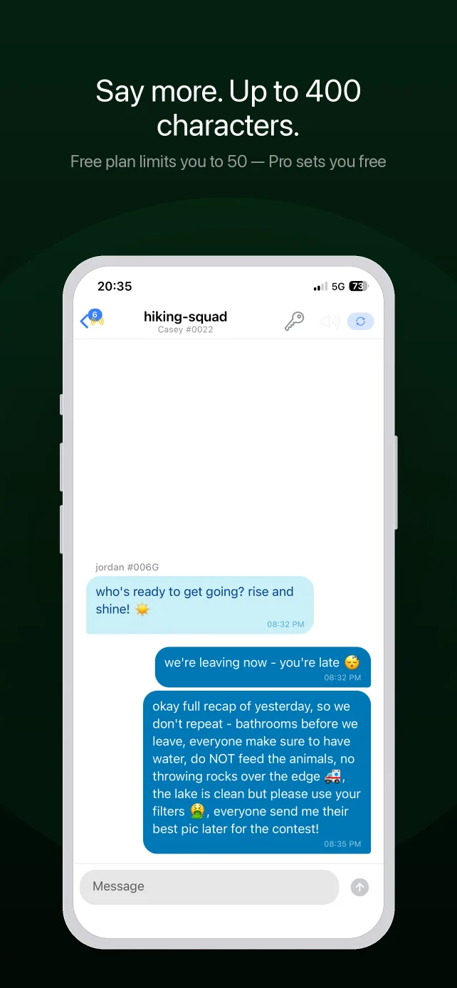 A long 400-character message sent with Pro