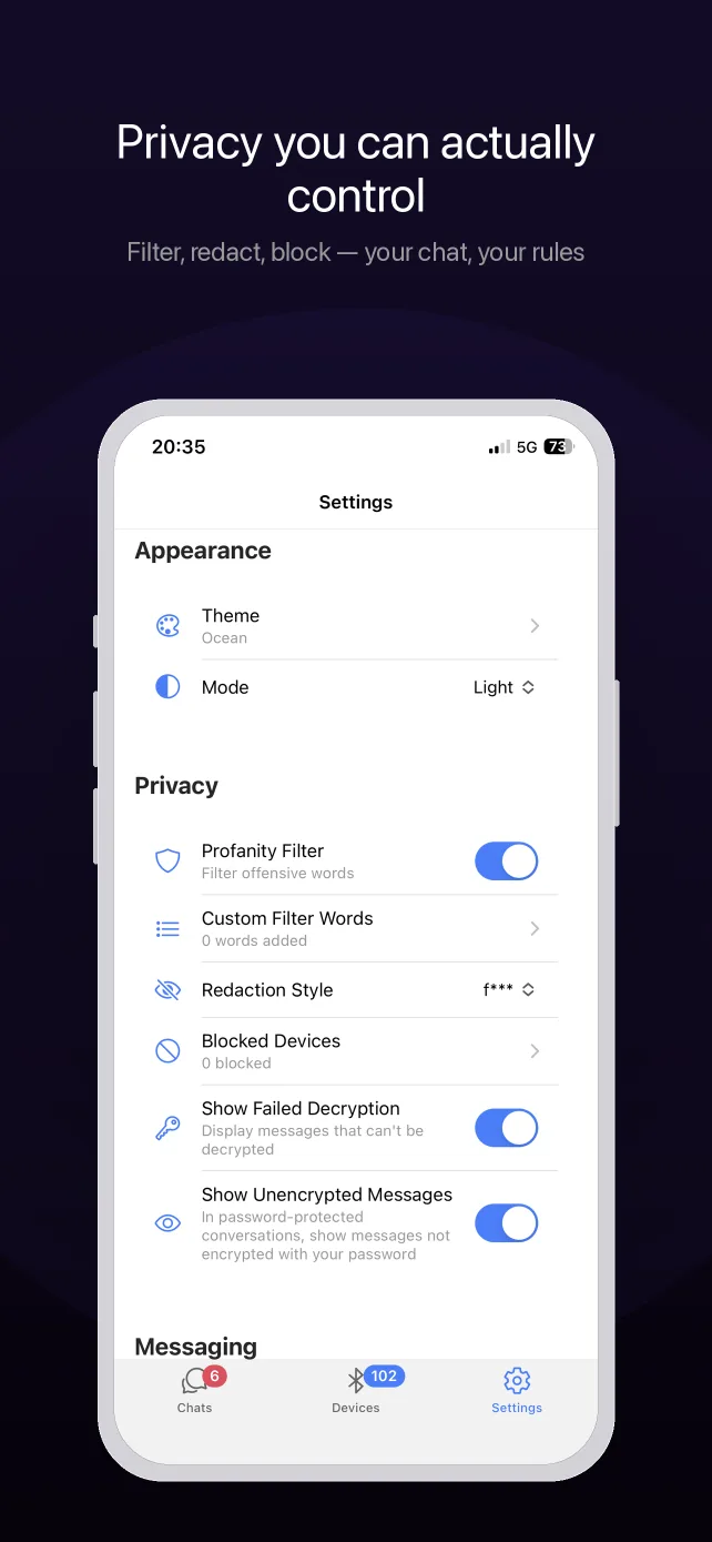 Privacy settings showing no accounts and local-only storage